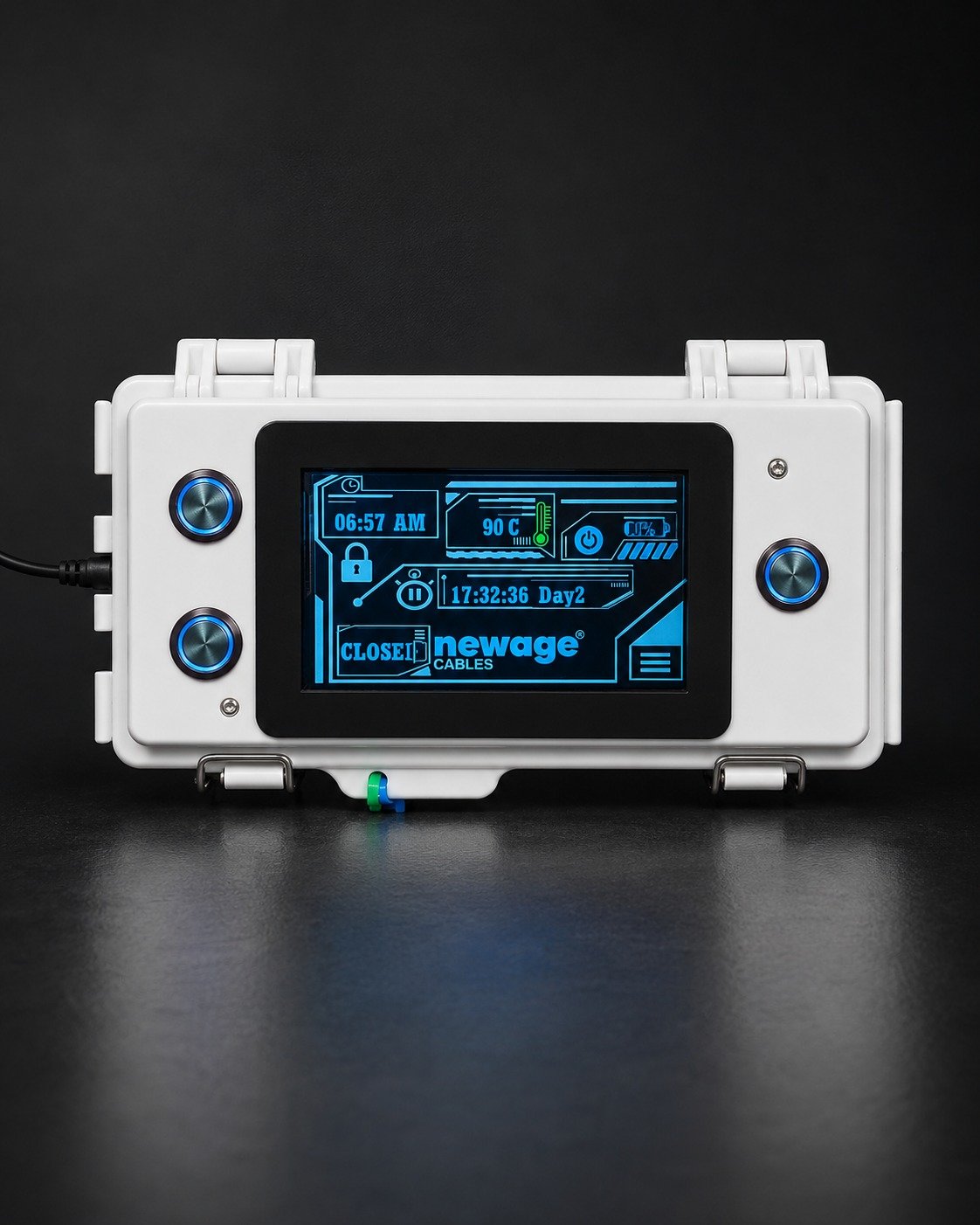 Elionicx oven safety testing controller — a rugged handheld device with a live status screen and dual control dials